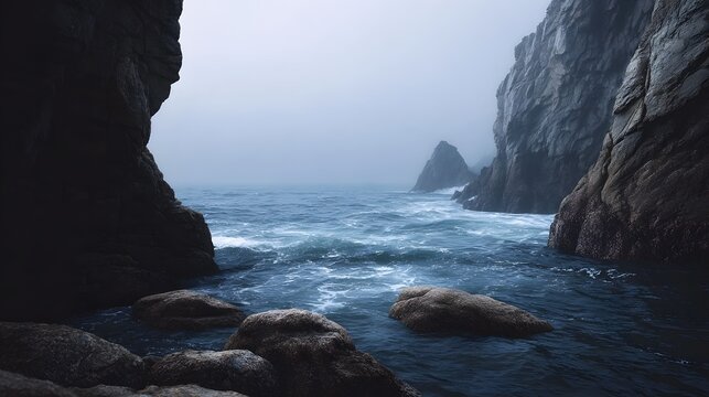 A dramatic misty seascape featuring rugged cliffs and the powerful choppy ocean with waves crashing against the rocks
