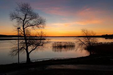 Obraz premium A baeutiful, colorful early spring sunrise over the lake with tree silhouettes. Seasonal landscape of Latvia, Europe.