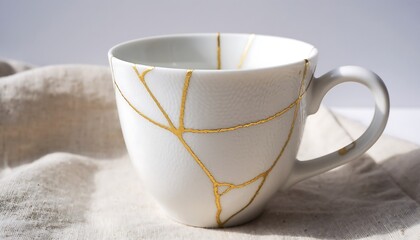 Elegant kintsugi mug celebrates beauty in imperfection, offering a unique artisanal touch to any setting, symbolizing resilience and transformation.