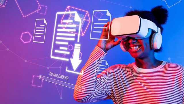 A joyful young woman wears a virtual reality headset, immersed in digital content. The colorful background enhances the futuristic vibe of technology and innovation. Raster
