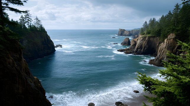 Rugged coastal cliffs meet the turquoise ocean with crashing waves under an overcast sky