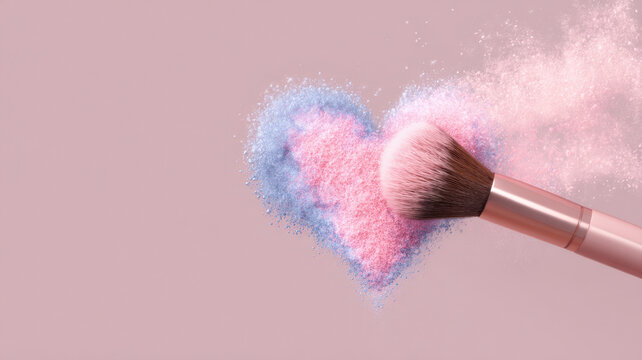 A makeup brush creating a colorful heart shape with powder