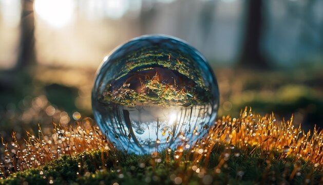 Captivating crystal ball refracts vibrant forest scene with dew drops glistening in warm golden hour sunlight, evoking nature's magic