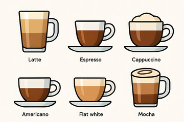 Obraz premium Coffee Selection: An array of coffee beverages, each with a unique preparation and presentation. From the layered artistry of a latte to the foamy elegance of a cappuccino.