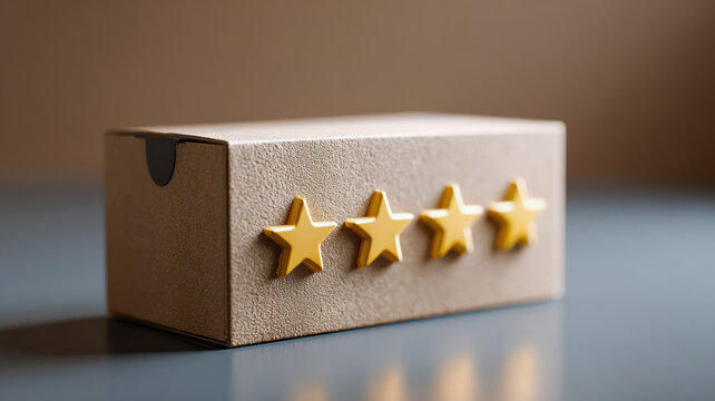 Four golden stars adorn a cardboard box, conveying concepts of quality and feedback. The box sits against a neutral background.