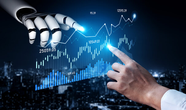 This image illustrates the dynamic interaction between human and robot in finance, showcasing data analytics, graphs, and futuristic cityscape at night. Scalp
