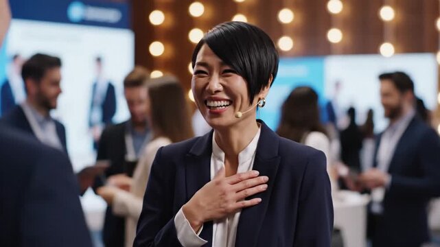 Confident businesswoman laughing at a conference in an office setting with colleagues in the background 50515756 4