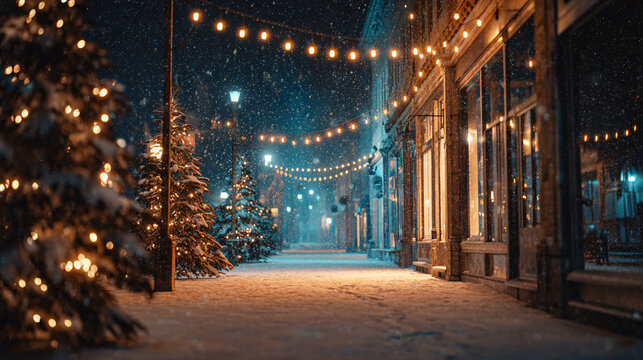 Magical Christmas Night Street with Lights and Snow - Powered by Adobe