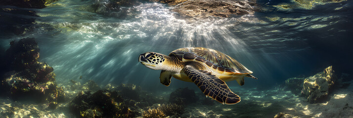 Majestic Sea Turtle in Pritine Ocean Waters Amidst Vbrant Coral Reefs CapturedUnderwater