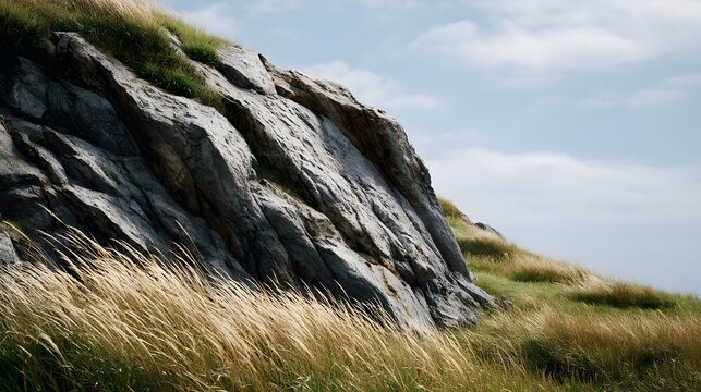 Rugged rock face covered with wind swept grasses under a partly cloudy sky