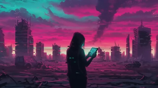 Cyberpunk dystopian future concept scene with woman using a tablet in destroyed city