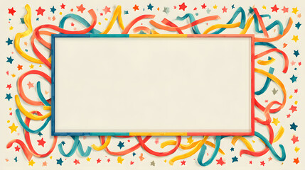 Playful animated birthday border, thin candy-striped frame, cartoon cupcakes, gifts and balloons floating, pastel rainbow background, perfect for kids party videos or printables.