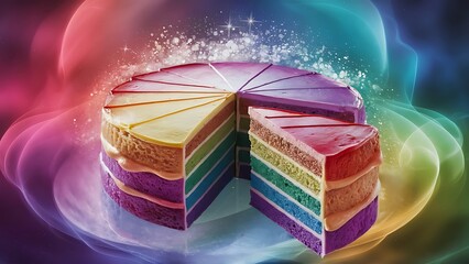 Vibrant Rainbow Layer Cake with Sliced Portion on Colorful Background.