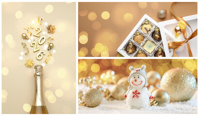 Christmas and New Year celebration. Festive themed collage of pictures with decor and numbers 2026