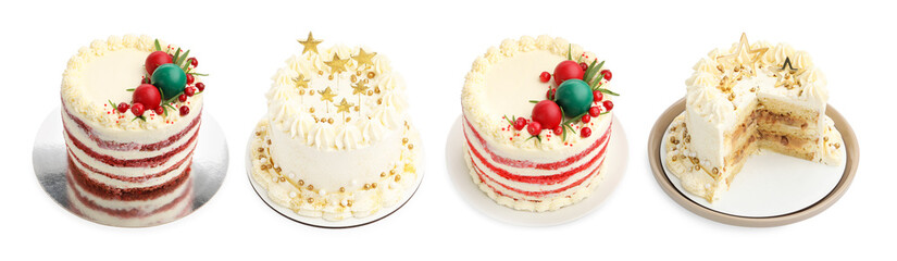 Delicious cakes with Christmas decor isolated on white, set