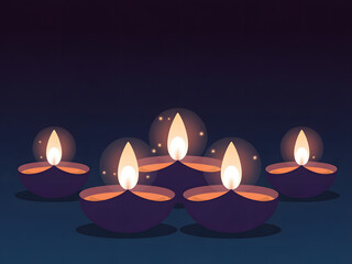 An illustration of  Diya oil lamps in a row, celebrating the Diwali festival. The bright flames have a magical sparkling halo against a dark purple and blue night background.