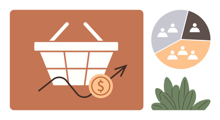 Shopping basket with upward arrow and dollar coin symbolizing financial growth, adjacent to user demographics chart and green leaves. Ideal for commerce, growth, audience analysis, sales, economy