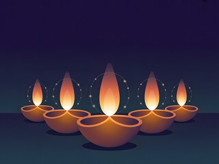 An illustration of  Diya oil lamps in a row, celebrating the Diwali festival. The bright flames have a magical sparkling halo against a dark purple and blue night background.