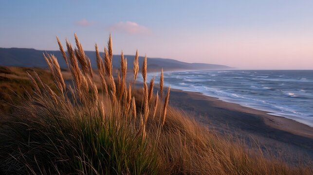 Golden hour light bathes a serene coastal landscape with wind swept grasses and the gentle ocean waves at dusk