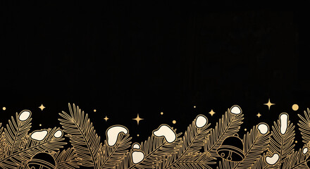 Gold pine branch border with snow and stars on black background for holiday design