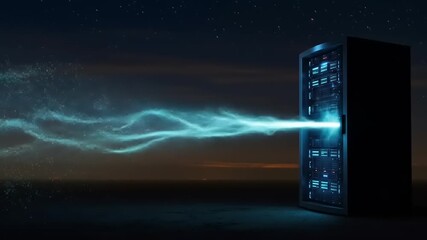 Data server sending data flow in cyberspace with modern server room environment - Powered by Adobe