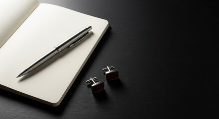 Elegant business concept with a pen, notebook, and cufflinks on a black background for professional and creative work
