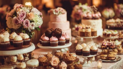 Elegant Dessert Table with Pink and Chocolate Cupcakes and Floral Arrangements at Wedding Reception