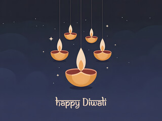 Elegant "Happy Diwali" vector greeting card. Features hanging Diya oil lamps glowing against a starry night sky. Simple, flat design perfect for the Indian Festival of Lights celebration.