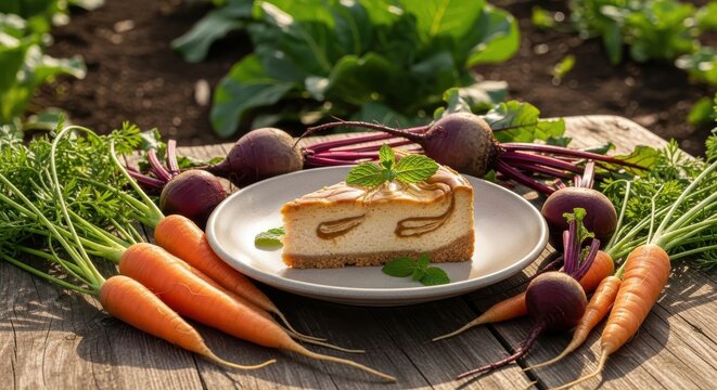 A delicious slice of cheesecake topped with herbs sits on a plate, surrounded by fresh carrots and beets, set against a backdrop of a garden with leafy green vegetables