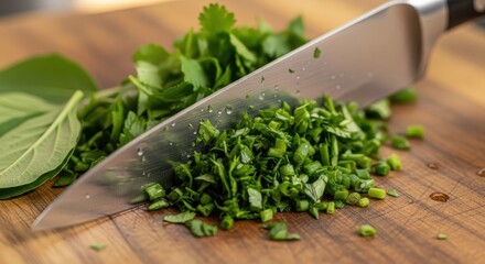 Closeup of a chef chopping fresh herbs on a wooden cutting board with a sharp knife, preparing ingredients for a healthy meal