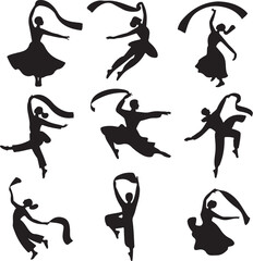 Obraz premium Multi-Pose Human Silhouette Vector BundleFitness, Yoga & Dance Silhouette CollectionDynamic Human Action Poses Vector SetSports, Exercise & Meditation Silhouette PackActive People Movement Sil