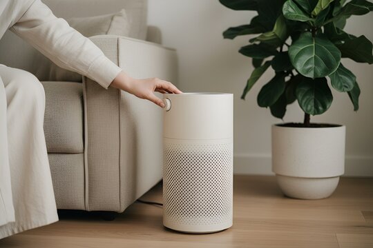 A hand turns on a white air purifier on the floor in a bright minimalist living room