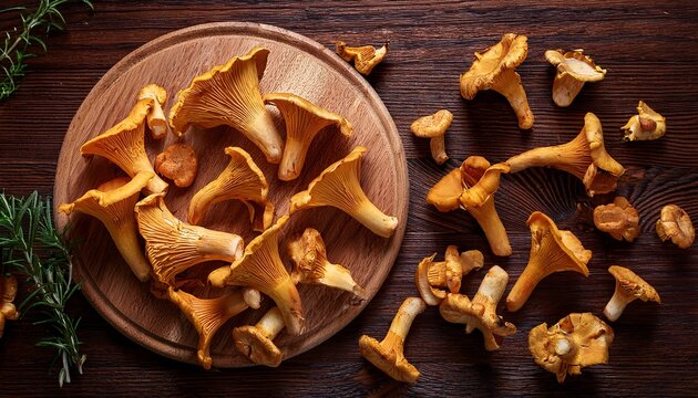 fresh forest mushroom background food photography real chanterelles cantharellus cibarius mushrooms on a cutting board on a wooden table top view - Powered by Adobe