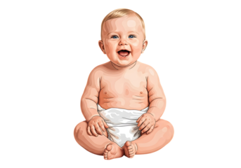 Happy baby sitting up with big smile and bright blue eyes