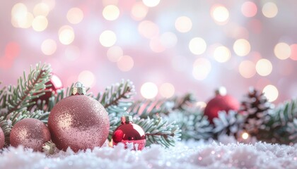 Obraz premium Celebrating the holiday spirit christmas decorations with ornaments and pine in a festive setting soft focus background cozy atmosphere