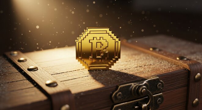 Bitcoin coin on wooden treasure chest