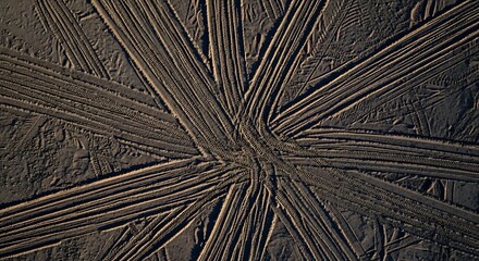 Aerial view of tire tracks converging on a central point in the dirt.