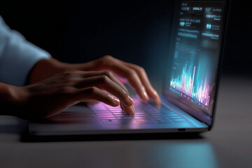 Obraz premium Hands typing on a laptop surrounded by holographic social media charts and engagement icons glowing in a futuristic neon setting. Perfect for illustrating AI marketing and analytics.
