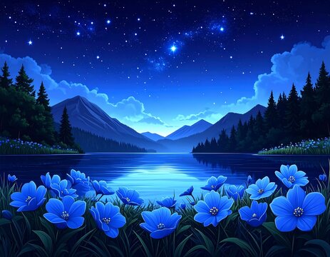 A serene landscape at dusk features a still lake reflecting mountains and a starry night sky, with vibrant blue flowers