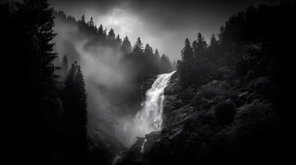 Dramatic monochrome waterfall cascading through a misty rugged forest