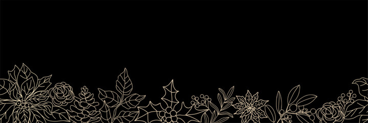 Elegant black and gold winter floral border in minimalist  line art. Detailed roses, holly, and foliage form a decorative christmas horizontal design perfect for cards and invitations.