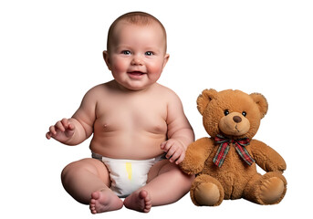 Adorable baby sitting with teddy bear on black background smiling