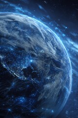 Obraz premium A blue planet with a network of lights is seen from space, suggesting global connectivity.