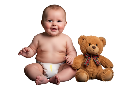 Adorable baby sitting with teddy bear on black background smiling