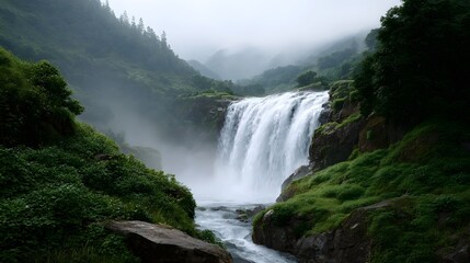 Fototapeta premium A majestic and powerful waterfall cascades down lush green cliffs enveloped in mist creating a serene and breathtaking natural landscape