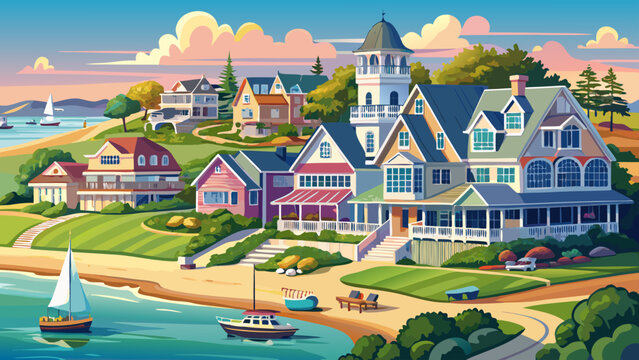 Very beautiful Oak Bluffs scenery on Martha’s Vineyard, Massachusetts, featuring coastal views, classic New England architecture, gentle shoreline, and soft natural light in a realistic documentary-st