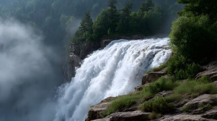 A powerful waterfall cascades over a rocky cliff edge surrounded by lush green vegetation and atmospheric mist