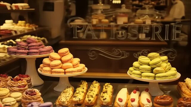 Delicious Pastries and Macarons Displayed at a French Patisserie, a Window to Sweet Temptations