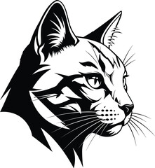 Stylized cat head line art, black and white illustration, feline profile with bold contrast, minimalist sketch, tattoo, logo, graphic design