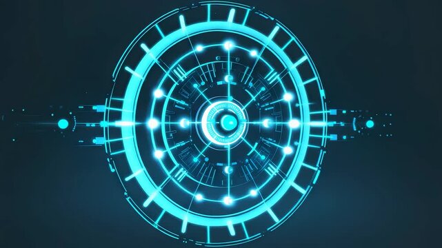 Glowing digital circular interface with neon blue light elements forming abstract technological pattern and futuristic virtual data design